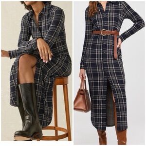 Faherty Legend Stretchy Flannel Plaid Midi Dress Sz M Long Sleeve Button Front